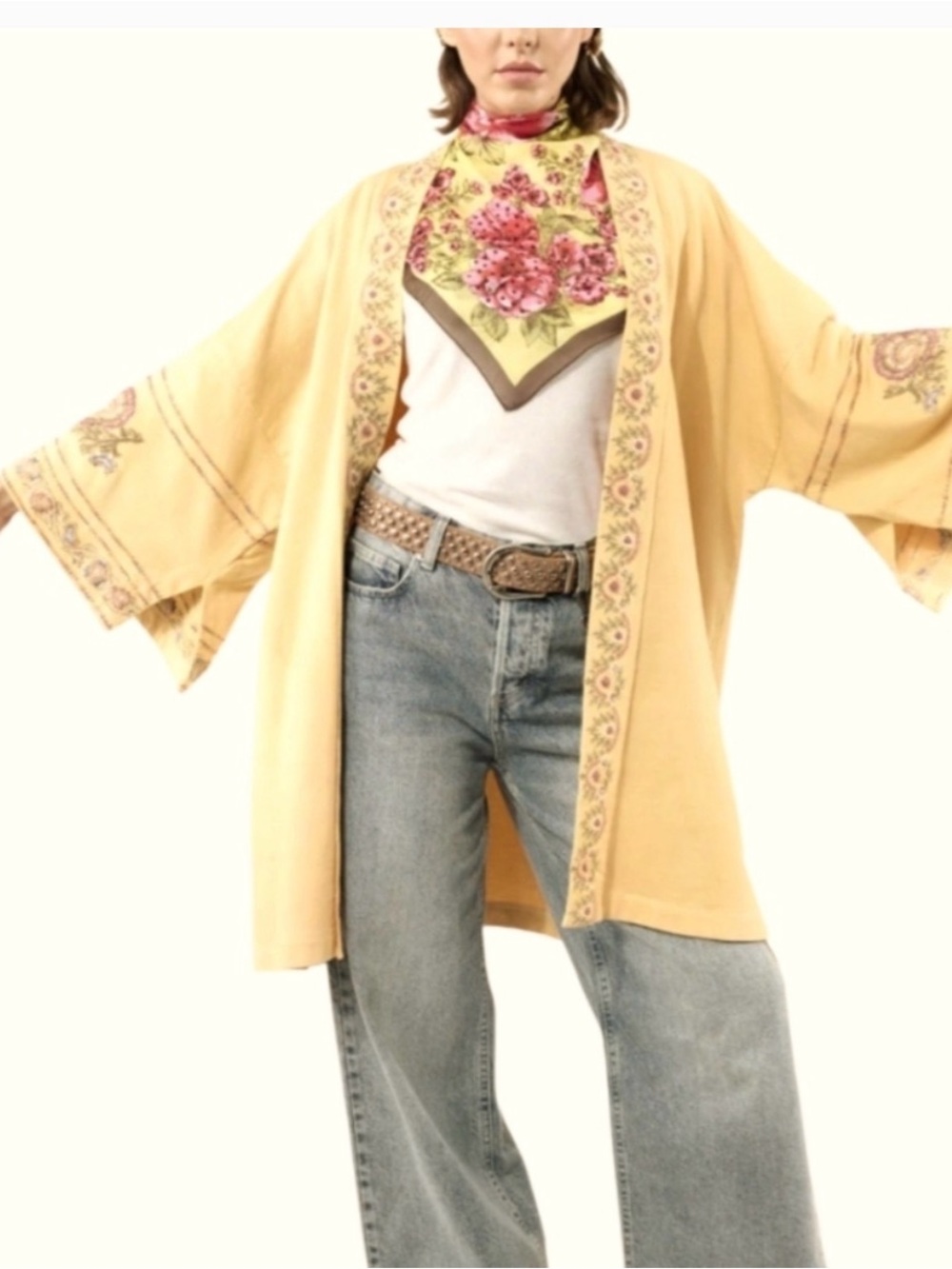 Embroidered Open-Front Poncho Shrug in Light Yellow
